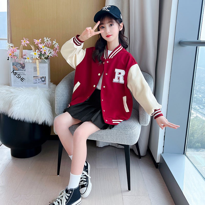 Autumn and Winter 2025 New Boys and Girls Western Style Internet Popular Fashionable Top Big Childrens Spring Baseball Suit Jacket Red  - Image 3