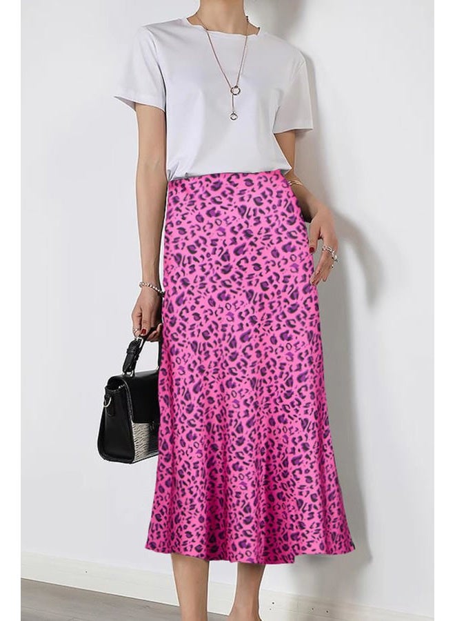 Keasmto Leopard Skirt for Women Midi Length High Waist Silk Satin Elasticized Cheetah A Line Summer Casual Ladies Skirts Rose M - Image 4