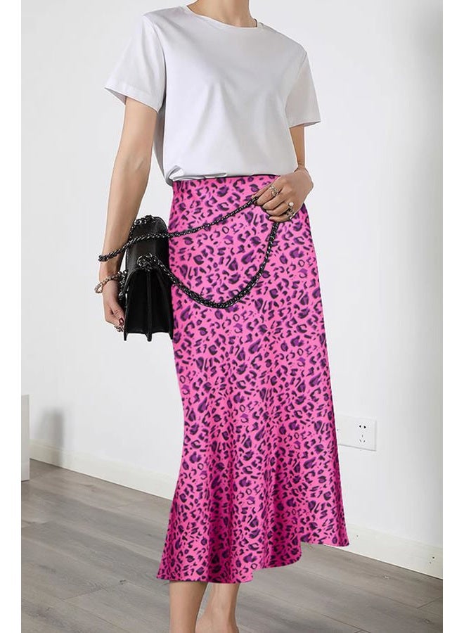 Keasmto Leopard Skirt for Women Midi Length High Waist Silk Satin Elasticized Cheetah A Line Summer Casual Ladies Skirts Rose M - Image 5