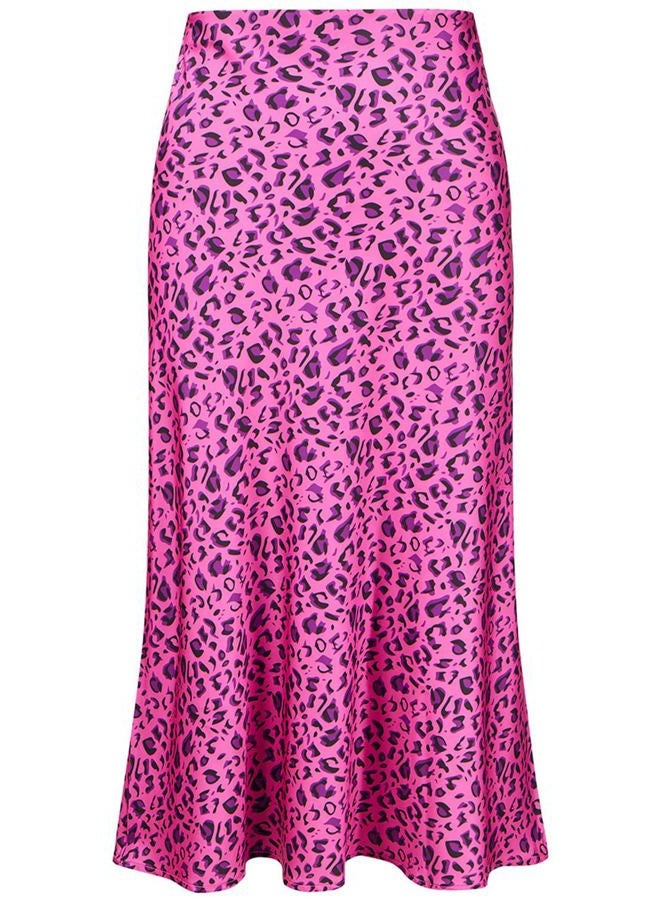 Keasmto Leopard Skirt for Women Midi Length High Waist Silk Satin Elasticized Cheetah A Line Summer Casual Ladies Skirts Rose M - Image 1
