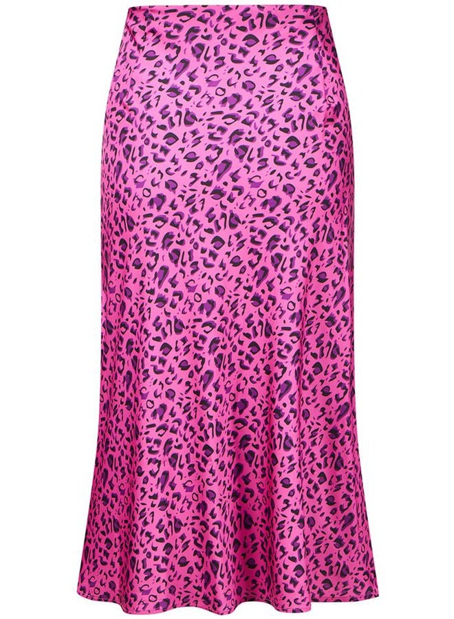 Keasmto Leopard Skirt for Women Midi Length High Waist Silk Satin Elasticized Cheetah A Line Summer Casual Ladies Skirts Rose M - Image 2