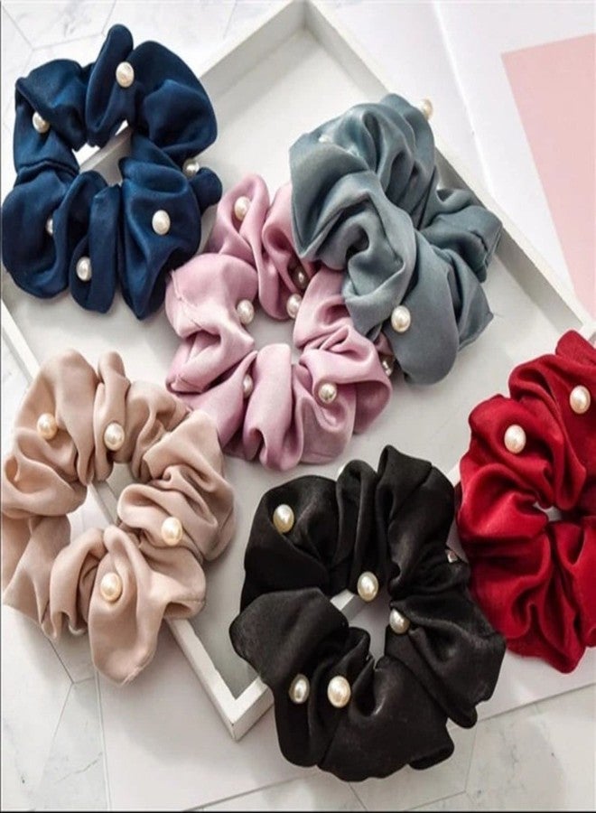 FAMEZA 6 Satin Pearl Hair Scrunchie Tie Hair Accessories - Image 1