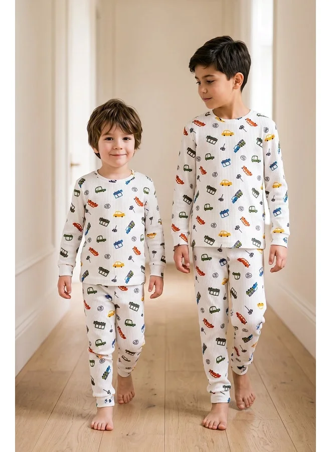 zuzunga Colorful Mini Car Patterned Boy's Ribbed Pajama Set.