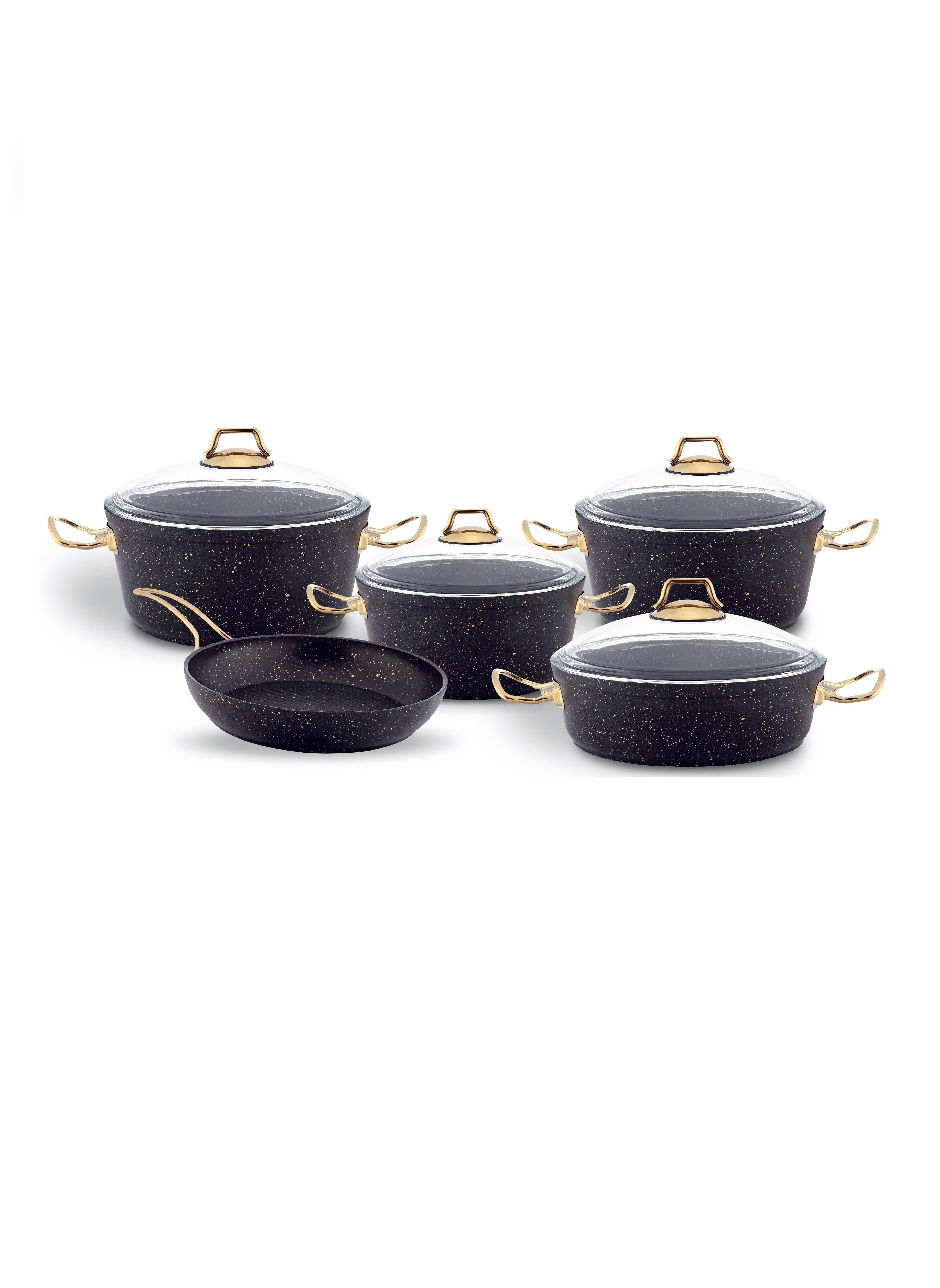 9-Piece Granitec Cookware Set - Tempered Glass Lids - 3 Deep Pots - 1 Low Pot - 1  Frypan - Non-Stick Surface - PFOA Free - Black & Gold 