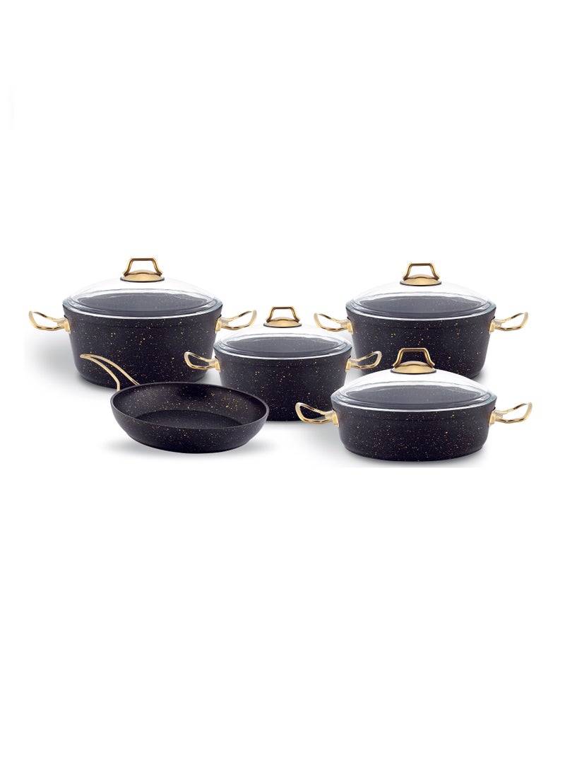 Homemaker - 9-Piece Granitec Cookware Set - Tempered Glass Lids - 3 Deep Pots - 1 Low Pot - 1  Frypan - Non-Stick Surface - PFOA Free - Black & Gold - Image 1
