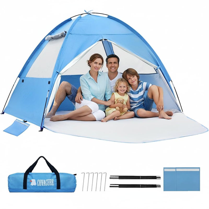 COVACURE 2026 New Upgraded Beach Tent Sun Shelter for 3-4 Person - UPF 50+ UV Protection Beach Shade, Waterproof & Lightweight, Easy Setup Portable Sun Canopy for Camping, Fishing, Beach(Blue) - Image 1