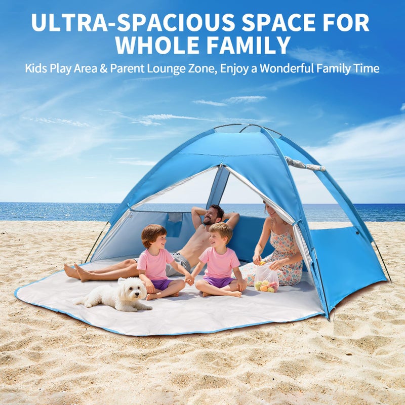 COVACURE 2026 New Upgraded Beach Tent Sun Shelter for 3-4 Person - UPF 50+ UV Protection Beach Shade, Waterproof & Lightweight, Easy Setup Portable Sun Canopy for Camping, Fishing, Beach(Blue) - Image 2
