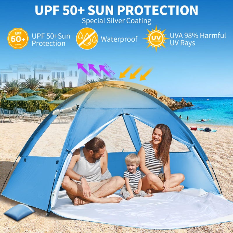COVACURE 2026 New Upgraded Beach Tent Sun Shelter for 3-4 Person - UPF 50+ UV Protection Beach Shade, Waterproof & Lightweight, Easy Setup Portable Sun Canopy for Camping, Fishing, Beach(Blue) - Image 3