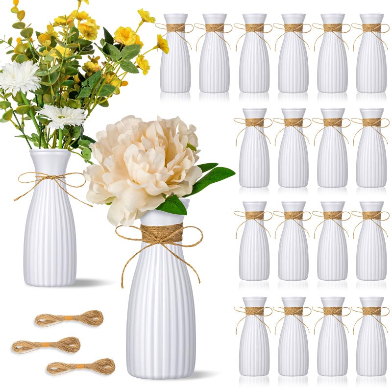 Ninehaoou 10 Pcs Plastic Flower Bud Vases Bulk with Twines Ropes Small Mini Flower Vases for Centerpieces Decorative Plastic Bottles for Wedding Reception Dining Table Home Decoration (White) - Image 1