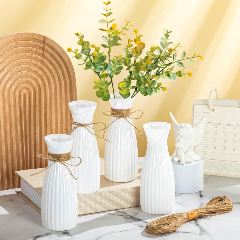Ninehaoou 10 Pcs Plastic Flower Bud Vases Bulk with Twines Ropes Small Mini Flower Vases for Centerpieces Decorative Plastic Bottles for Wedding Reception Dining Table Home Decoration (White) - Image 2