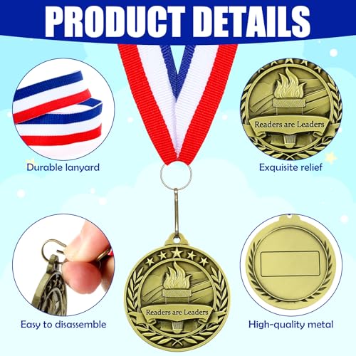 Loetere 24 pcs Reading Award Medals with Neck Ribbons Metal Trophy Award Prize Gift Readers are Leaders Medals - Image 3