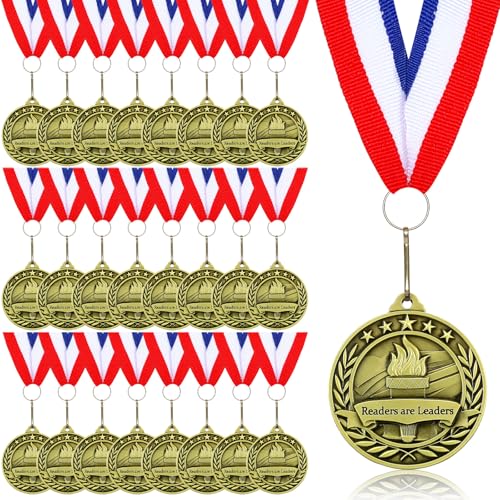 Loetere 24 pcs Reading Award Medals with Neck Ribbons Metal Trophy Award Prize Gift Readers are Leaders Medals - Image 1