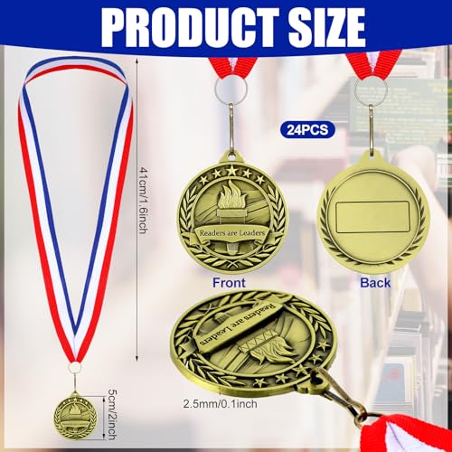 Loetere 24 pcs Reading Award Medals with Neck Ribbons Metal Trophy Award Prize Gift Readers are Leaders Medals - Image 2