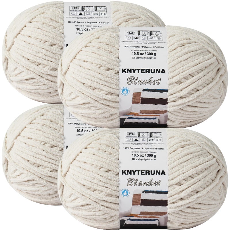Knyteruna #6 Super Bulky Blanket Yarn for Crocheting - 4 Skeins(Each 10.5oz/300g, 220yds/201m), Chunky Chenille Thick Plush Big Soft Yarn for Crocheting Knitting Blankets, Beige White - Image 1
