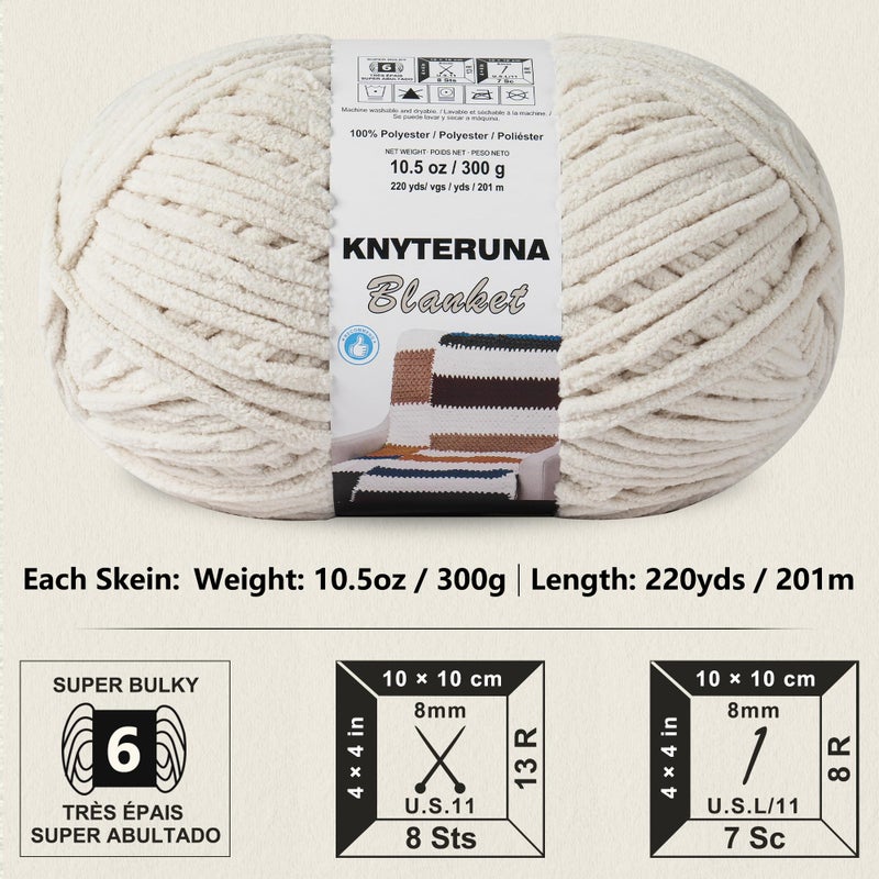 Knyteruna #6 Super Bulky Blanket Yarn for Crocheting - 4 Skeins(Each 10.5oz/300g, 220yds/201m), Chunky Chenille Thick Plush Big Soft Yarn for Crocheting Knitting Blankets, Beige White - Image 2
