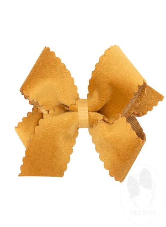 Wee Ones Girls' Grosgrain Hair Bow with Scalloped Edge Faux Velvet Overlay, Medium, Old Gold - Image 1