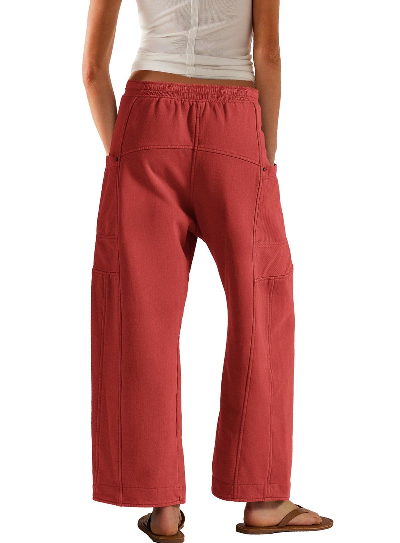 Panadila Women Wide Leg Pants Drawstring Barrel Sweatpants Baggy Cargo Pants Lounge Trousers with Pockets (Red,XL) - Image 5