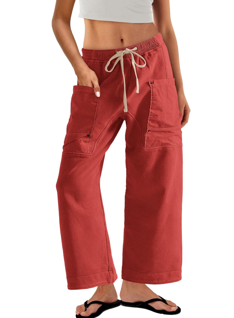 Panadila Women Wide Leg Pants Drawstring Barrel Sweatpants Baggy Cargo Pants Lounge Trousers with Pockets (Red,XL) - Image 2