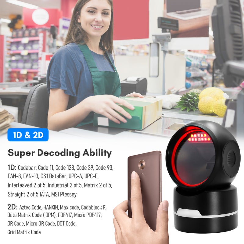 1D 2D QR Desktop Wired Barcode Scanner Platform Hands-Free Automatic Sense Reader USB Port Plug&Play Compatible with Window Android System Image CMOS Sensor Suitable for Supermarket Retail - Image 2
