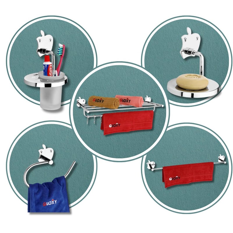 GLOXY Bathroom Accessories Set SS304 Apple Design Bathroom Set Combo of 51 Pc Napkin Holder Towel Rack 1 Pc Soap Holder 1 Pc Bathroom Rack 1 Pc Towel Hanger Stand 1 Pc Toothbrush Holder