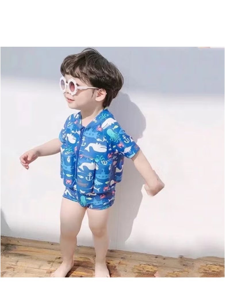 إم مياويان بدلة طفو للأولاد والبنات من قطعة واحدة بدلة سباحة لطيفة للأطفال برسوم كرتونية، سترة سباحة بأكمام قصيرة، بدلة سباحة قابلة للطفو بسحاب + قبعة سباحة - Image 1