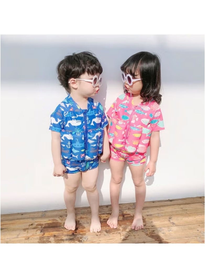 إم مياويان بدلة طفو للأولاد والبنات من قطعة واحدة بدلة سباحة لطيفة للأطفال برسوم كرتونية، سترة سباحة بأكمام قصيرة، بدلة سباحة قابلة للطفو بسحاب + قبعة سباحة - Image 2