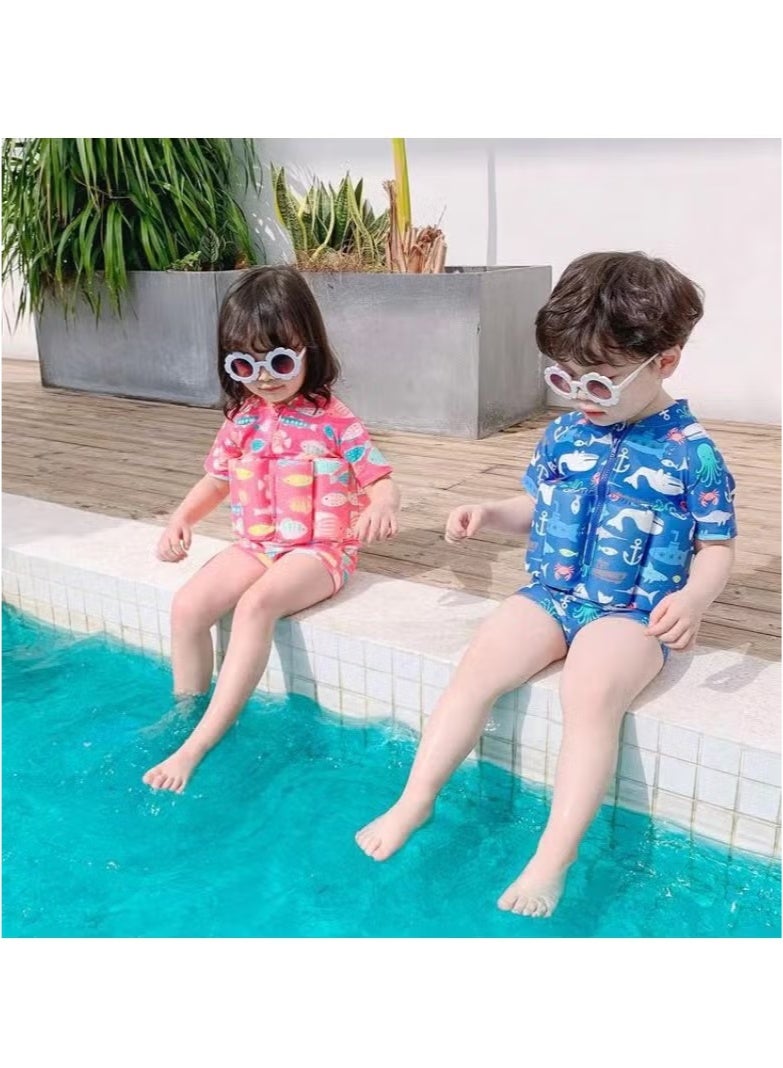 إم مياويان بدلة طفو للأولاد والبنات من قطعة واحدة بدلة سباحة لطيفة للأطفال برسوم كرتونية، سترة سباحة بأكمام قصيرة، بدلة سباحة قابلة للطفو بسحاب + قبعة سباحة - Image 5