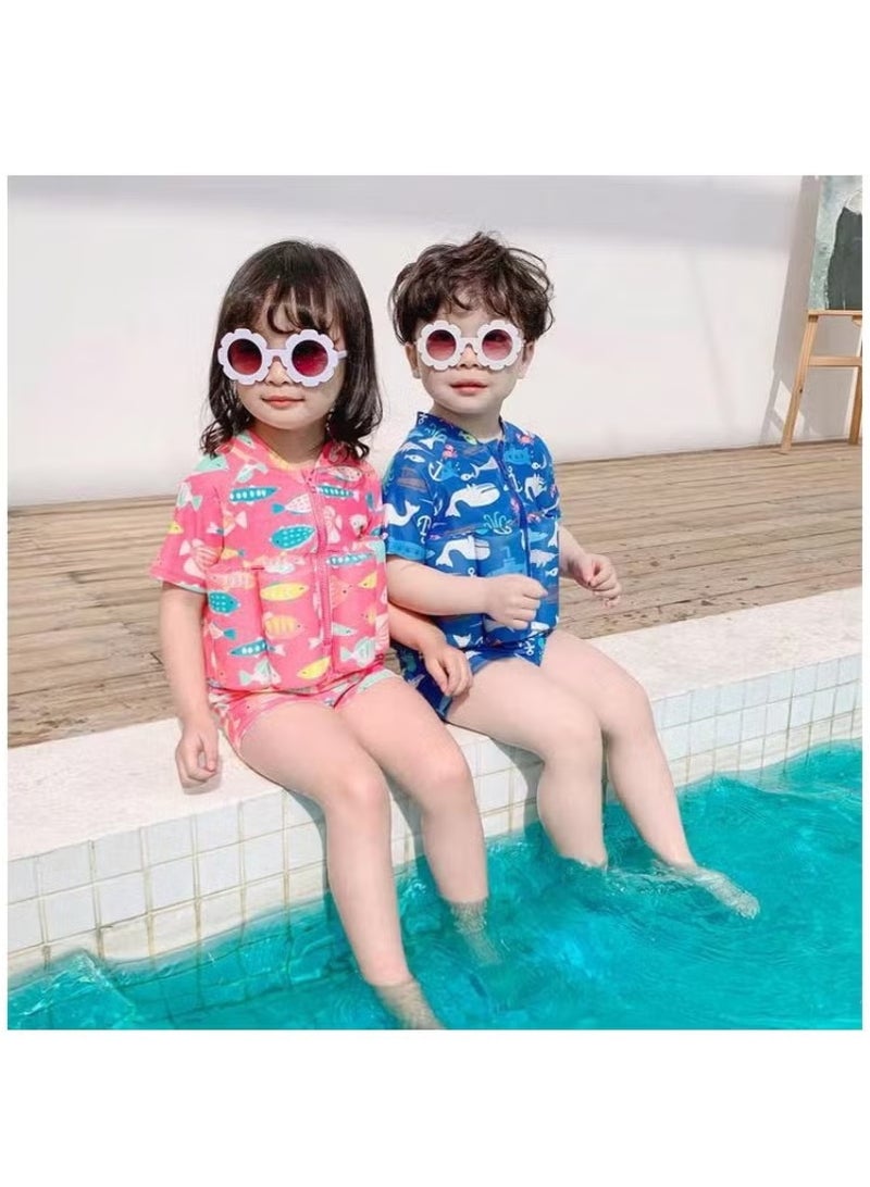 إم مياويان بدلة طفو للأولاد والبنات من قطعة واحدة بدلة سباحة لطيفة للأطفال برسوم كرتونية، سترة سباحة بأكمام قصيرة، بدلة سباحة قابلة للطفو بسحاب + قبعة سباحة - Image 3