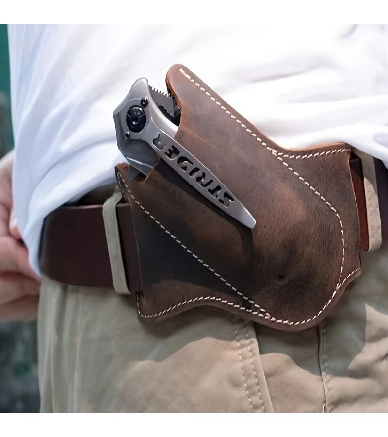 Brown And Black Tactical EDC Pocket Folding Tool Sheath Pouch Right Side Carry Open Top Business Casual Style Solid Color With Exposed Stitching - Image 1