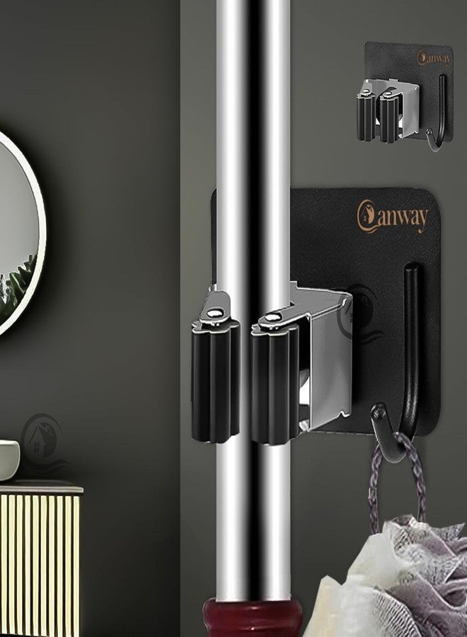 CANWAY® 2 Pieces (Black) Self Adhesive Heavy Duty Stainless Steel Wall Mounted Broom and Mop Stick Holder, No Drill Holders for Home, Kitchen, Garden, Laundry and Garage - Image 1