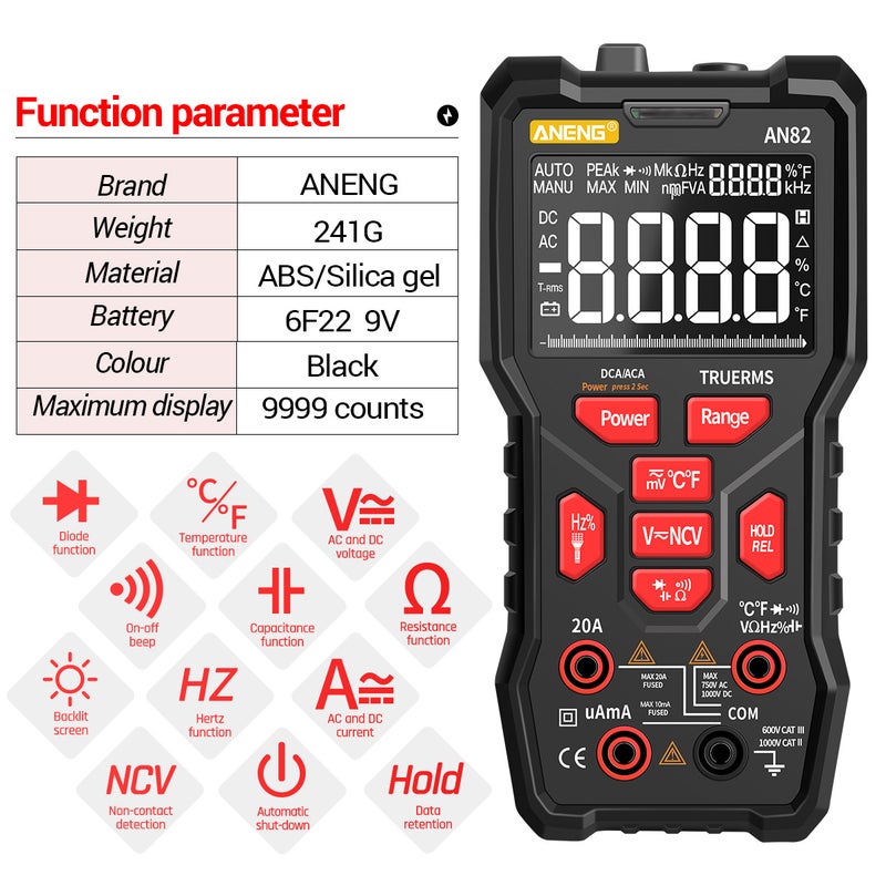 ANENG AN82 9999 Counts VA Screen Automatic High Precision Digital Multimeter TRMS NCV Universal Meter Multiple Tester for AC/DC Current AC/DC Voltage and Temperature Frequency Resistance Capacity Duty Cycle Diode On-off Test with Torch - Image 4