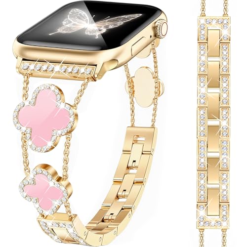 MOINSPIRE Gold Bling Diamond Clover Bands for Women Compatible with Apple Watch 40mm 38mm 41mm 42mm(S10/11) Lucky Cute Sparkle Dressy Bracelet Metal Strap for iWatch Series 11/10/9/8/7/6/5/4/SE 3/2/1 - Image 1