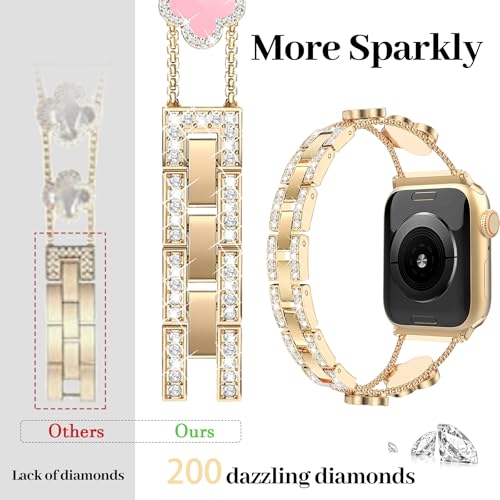 MOINSPIRE Gold Bling Diamond Clover Bands for Women Compatible with Apple Watch 40mm 38mm 41mm 42mm(S10/11) Lucky Cute Sparkle Dressy Bracelet Metal Strap for iWatch Series 11/10/9/8/7/6/5/4/SE 3/2/1 - Image 3