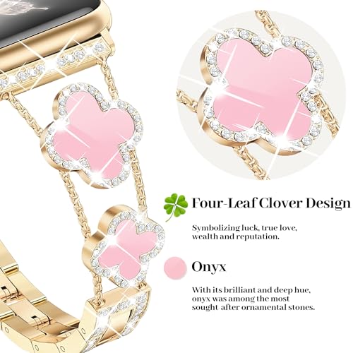 MOINSPIRE Gold Bling Diamond Clover Bands for Women Compatible with Apple Watch 40mm 38mm 41mm 42mm(S10/11) Lucky Cute Sparkle Dressy Bracelet Metal Strap for iWatch Series 11/10/9/8/7/6/5/4/SE 3/2/1 - Image 2
