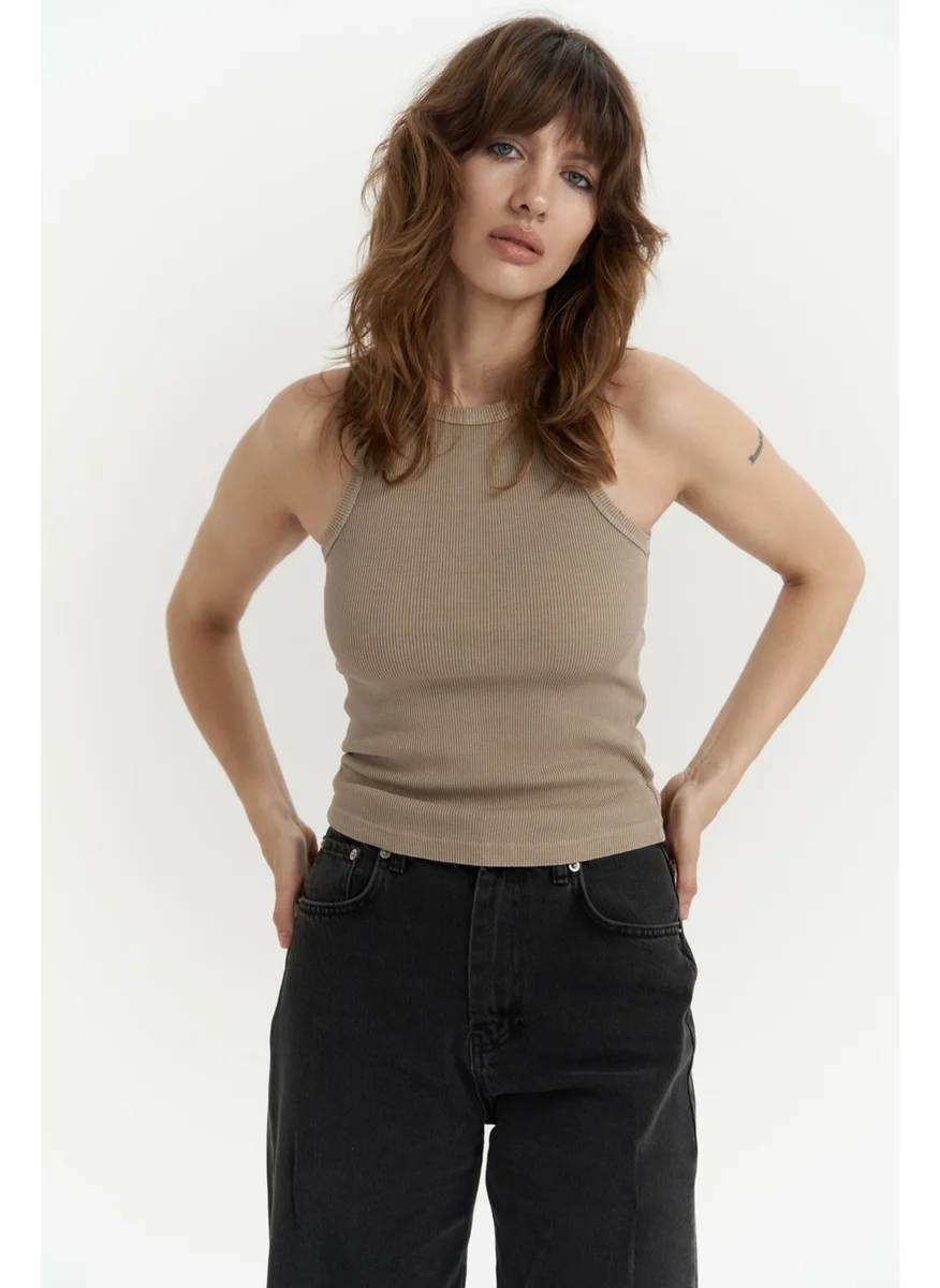 Mai Collection Bone Khaki Washed Ribbed Crop