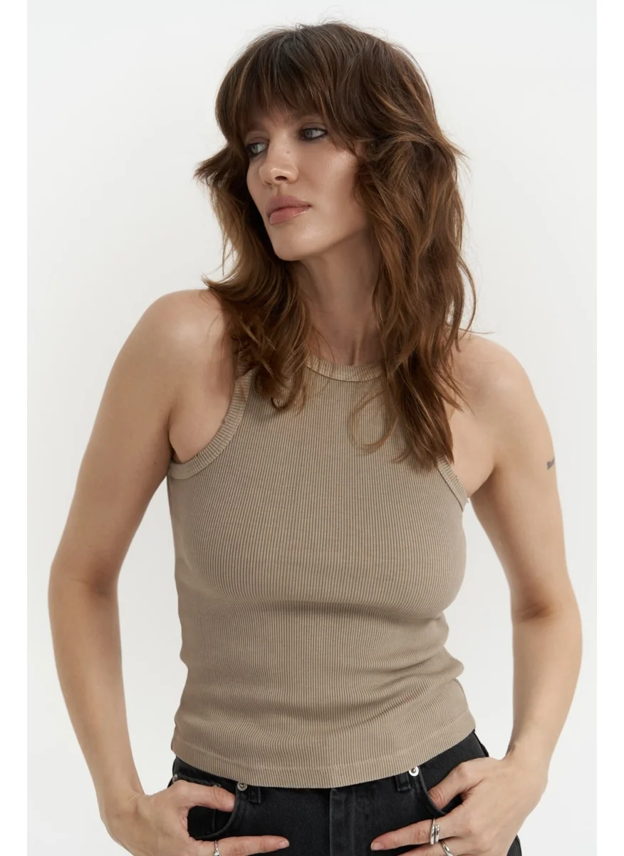 Mai Collection Bone Khaki Washed Ribbed Crop