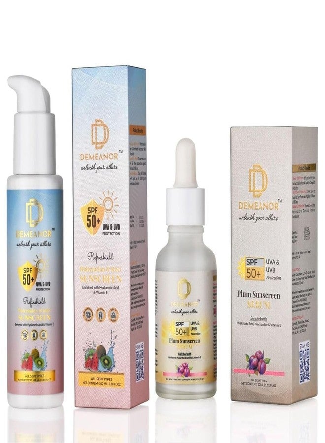 DEMEANOR Watermelon Sunscreen - 100ml & Sunscreen Serum - 30 ml for All Skin Types for Face & Body - 50 Pa +++, Uva & Uvb Shield, No White Cast, Quick Absorbing, For Men & Women (Combo) - Image 1