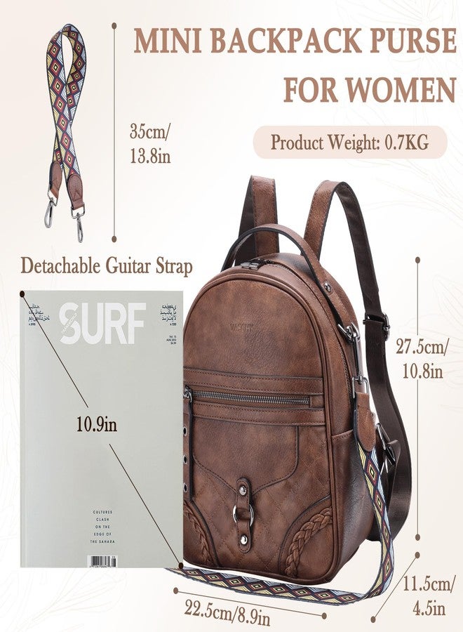 فاشي حقيبة ظهر صغيرة من VASCHY للنساء، حقيبة ظهر صغيرة لطيفة من الجلد النباتي للسيدات مع حزام كتف على شكل جيتار، لون بني - Image 2