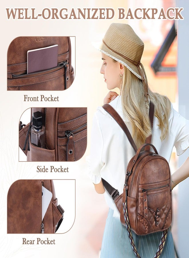 فاشي حقيبة ظهر صغيرة من VASCHY للنساء، حقيبة ظهر صغيرة لطيفة من الجلد النباتي للسيدات مع حزام كتف على شكل جيتار، لون بني - Image 4