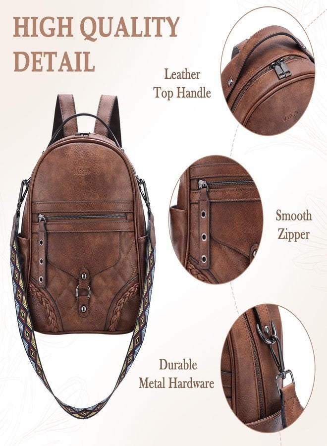 فاشي حقيبة ظهر صغيرة من VASCHY للنساء، حقيبة ظهر صغيرة لطيفة من الجلد النباتي للسيدات مع حزام كتف على شكل جيتار، لون بني - Image 3