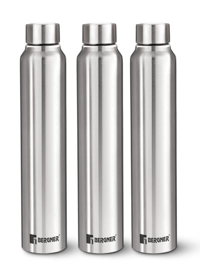 Bergner Walking Stainless Steel 3 Pcs (1000ml Each) Water Bottles with Screw Cap, Rustproof, Airtight & Leakproof Steel Bottle Set of 3, for Office, Home, College, Gym, Travel, Easy to Carry - Silver - Image 1