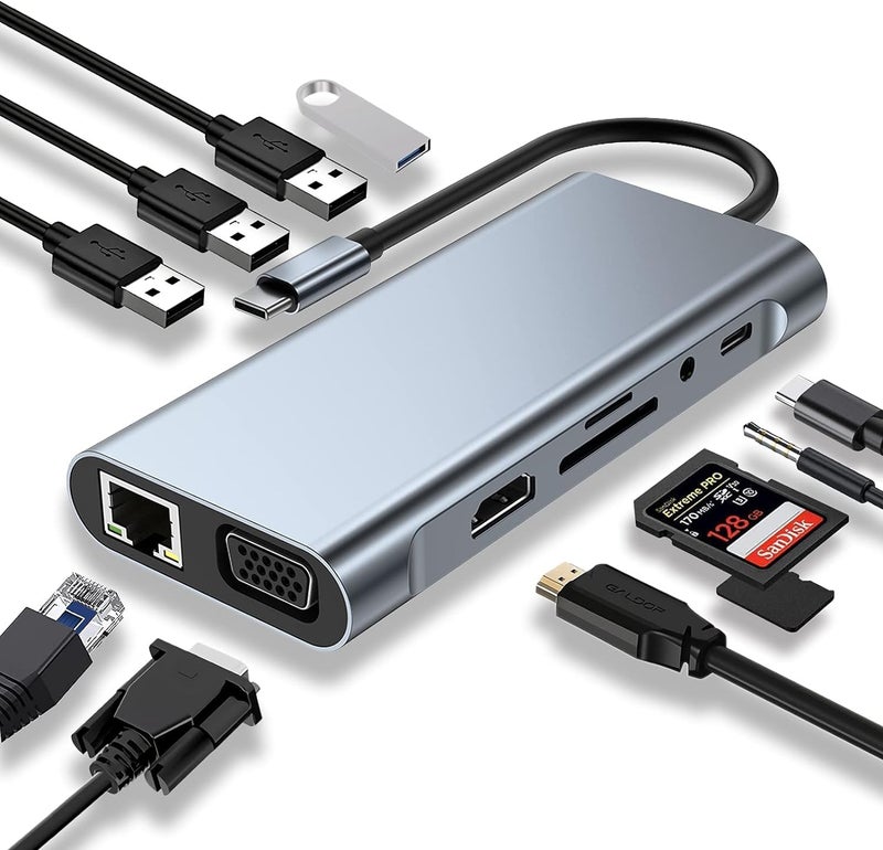 ZERO 10IN1 Type C to 4K HDTV Adapter with LAN, VGA, Audio, USB3.0 x3, SD & TF Slots - Grey - Image 4