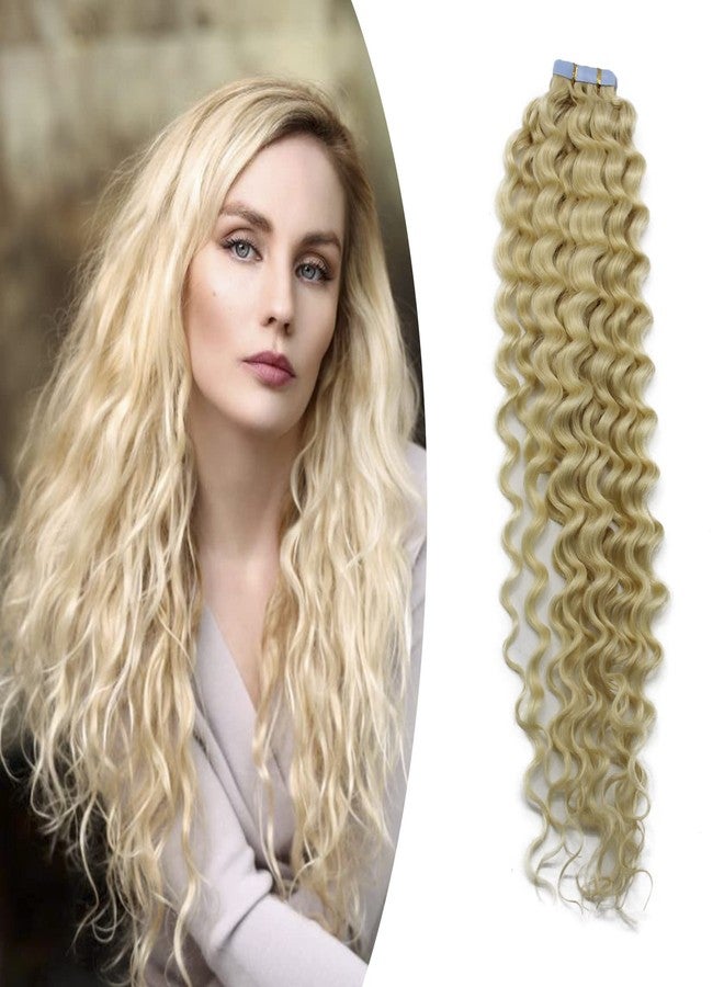 Yotty Invisible Seamless Tape in Hair Extensions Skin Weft Curly Remy Human Hair Platinum Blonde 18inch20Pcs - Image 1