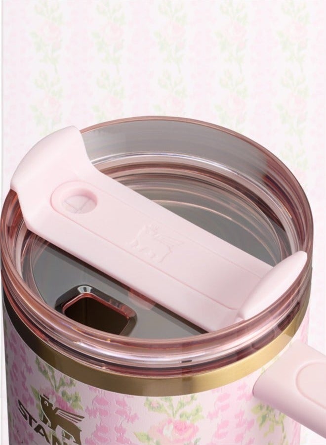 Love Shack Fancy H2.0 Flow State 40oz Pink Rose Cortex Tumbler, Stainless Steel Vacuum Insulated Quencher with Lid, Straw, and Stopper, Ideal for Water and Iced Tea, Keeps Drinks Cold, Presented in Elegant Gift-Ready Packaging