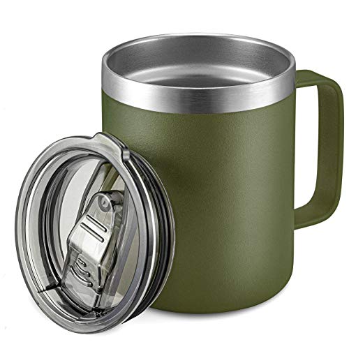 ALOUFEA 12oz Stainless Steel Insulated Coffee Mug with Handle Double Wall Vacuum Travel Mug Tumbler Cup with Sliding Lid Army Green