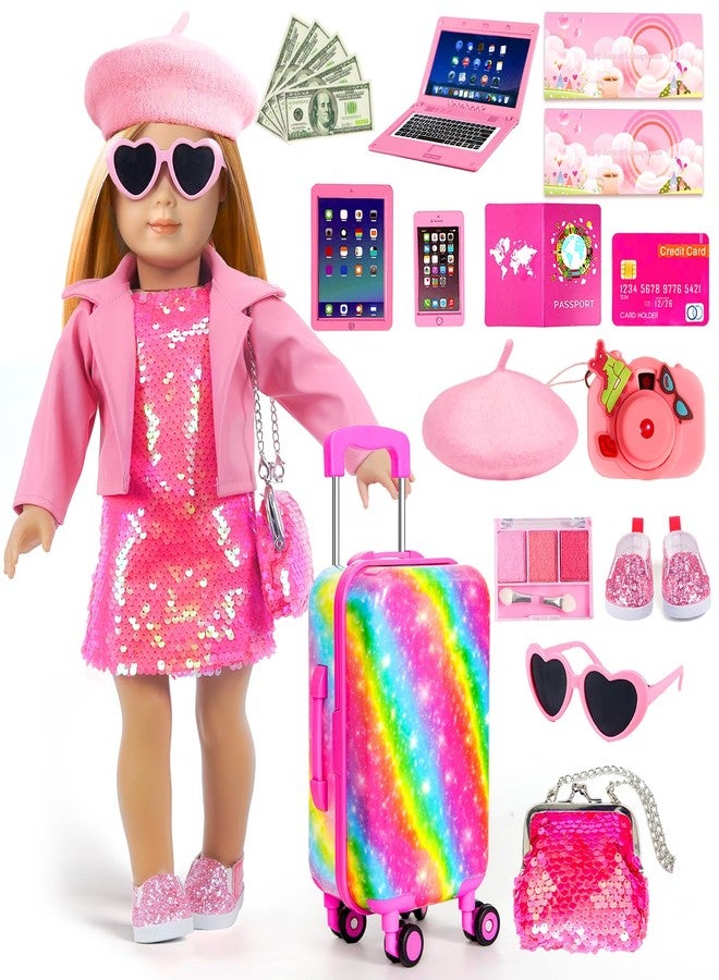 ARTST American 18 Inch Doll Clothes Accessories-18 inch Doll Suitcase-Glasses,Beret,Shoes,Handbag,Camera, Passport,Mobile Phone Travel Set Valentine's Gift Toys for 3-12 Girls - Image 1