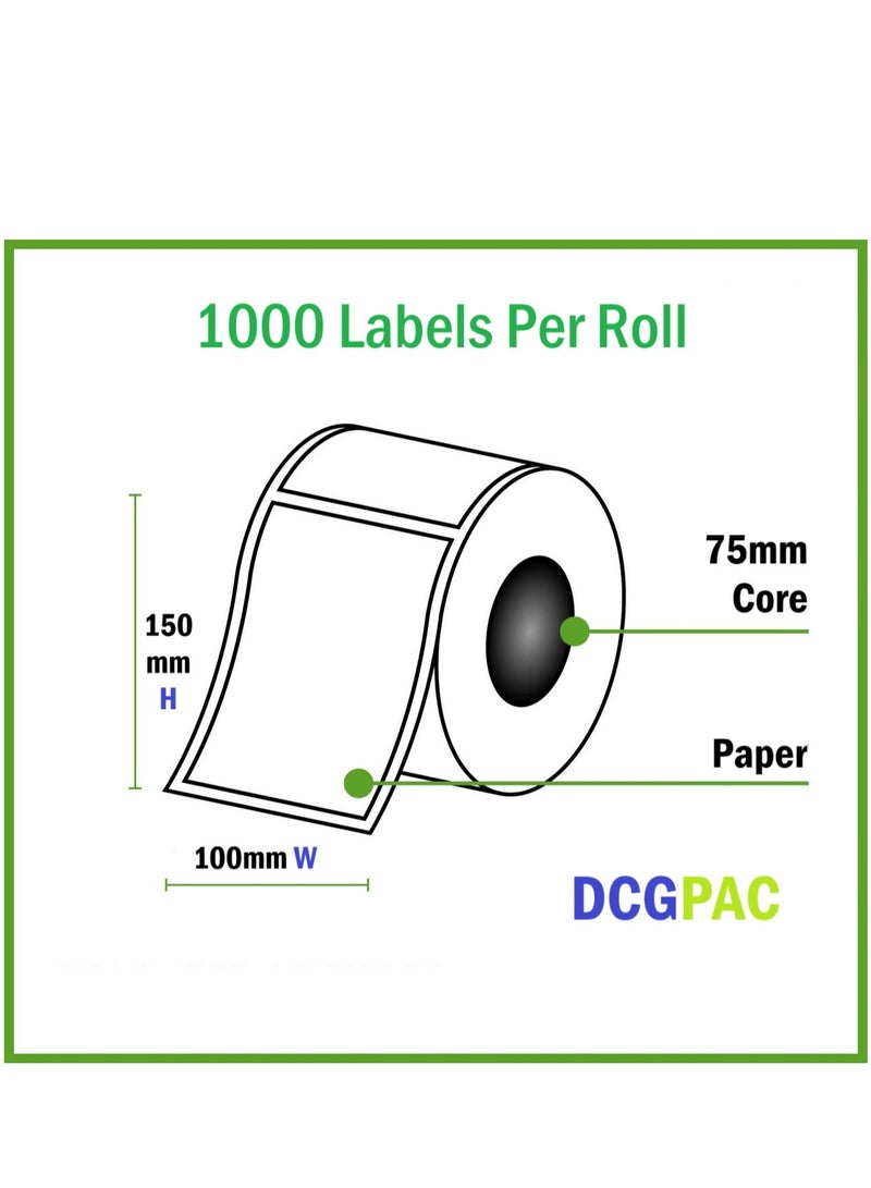 ملصقات باركود حرارية مباشرة DCGPAC بحجم 3" × 4x6 بوصة 1000 ملصق لكل لفة (100 مم × 150 مم) تستخدم لطباعة ملصقات الشحن، عبوة من 1