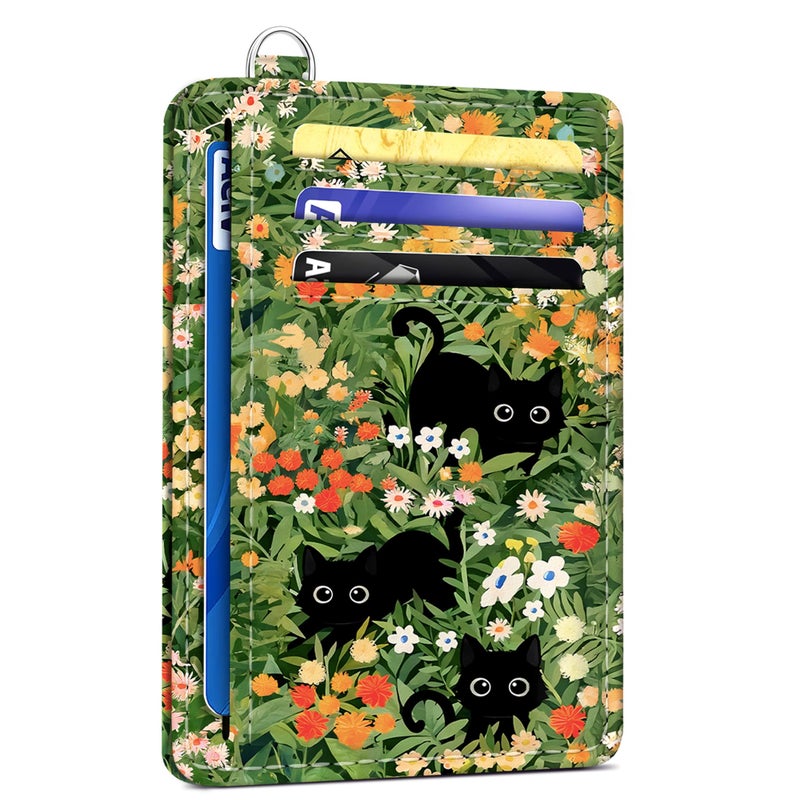 SEAVILIA Credit Card Holder for Women, Black Cat RFID Wallet Women, Slim Minimalist Front Pocket Card Holder, Cute Thin Travel RFID Blocking Card Case, Small Wallets Woman Gifts Girls - Image 1