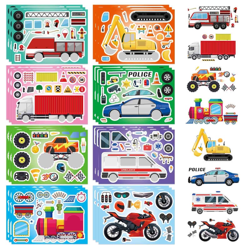 DUJAA 24 Sheets Vehicle Stickers for Kids Make Your Own Police Car Ambulance Truck Train Motorcycles Engineering Vehicle Stickers for Toddlers Brithday Party Supplies Classroom Teacher Reward - Image 2