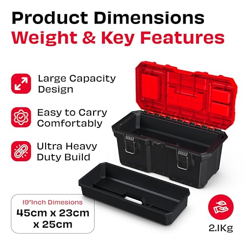 JPT 19 Inch Ultra Heavy Duty Plastic Tool Box | Large Empty Tool Storage Box with Metal Lock, Removable Tray & Padlock Slot | Mechanic & Workshop Organizer - Image 4